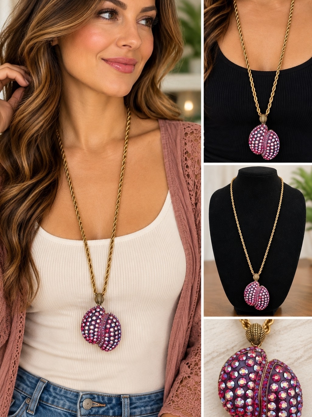 Gold Chain Necklace with Pink Crystal Pendant - Women Jewelry
